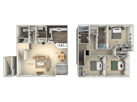 Floor plan for 3 beds, 2.5 baths, 1272 sqft